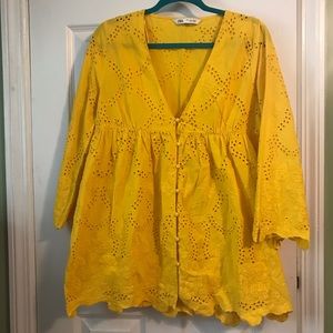 Zara Yellow Cutout Eyelet Embroidery Tunic Size L